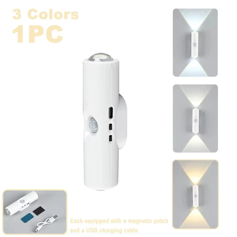Aplique inteligente RGB de doble cabezal con sensor de movimiento, luz nocturna magnética y foco recargable para la decoración del dormitorio, el armario, el jardín y otras estancias