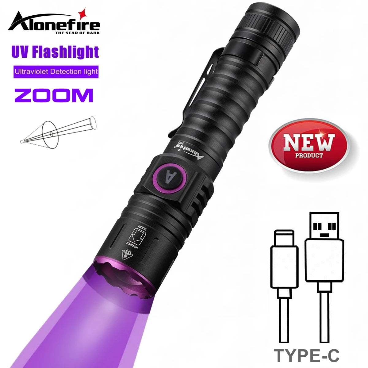 Alonefire: Linterna LED UV Zoom 365 395 nm, luz fluorescente
