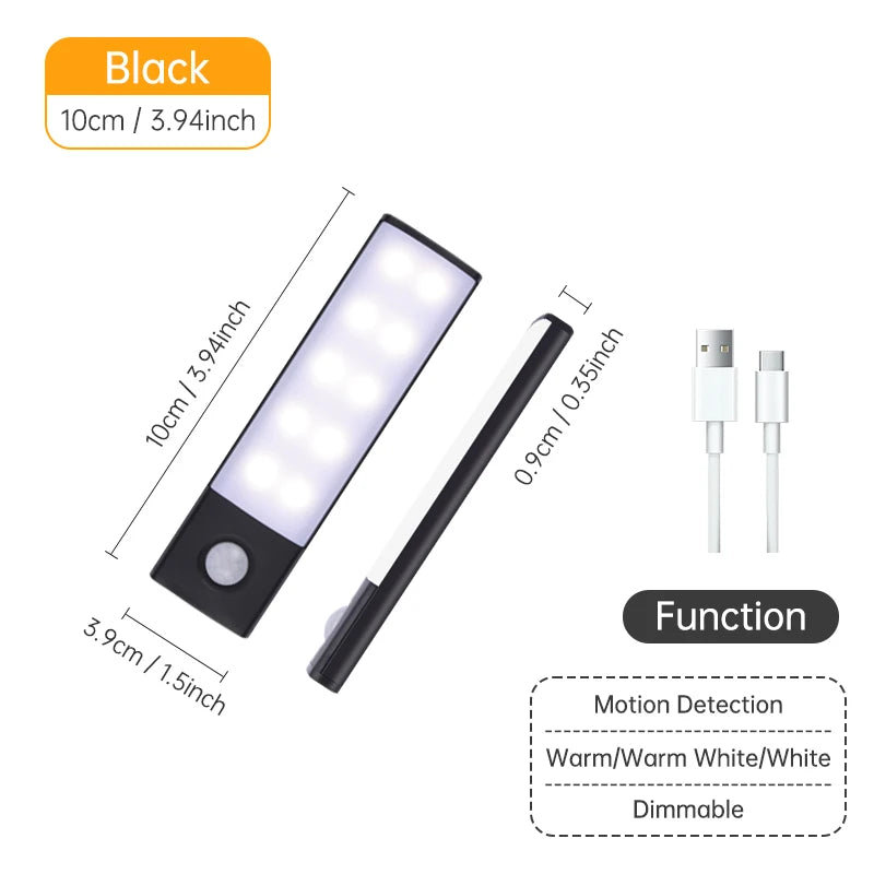 Luz con sensor de movimiento, luz nocturna LED inalámbrica, lámpara nocturna recargable por USB, lámpara para armarios y vestidores, luz de fondo para cocina, LED