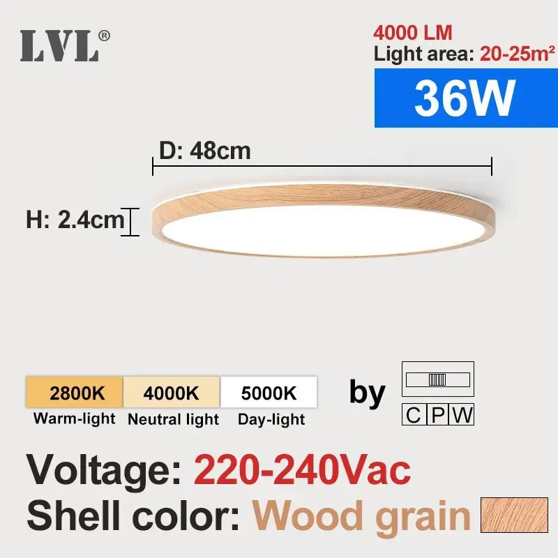 Lámpara de techo LED LVL con acabado de madera y blanco, 3 colores de iluminación en 1. Iluminación para el hogar: cocina, dormitorio y baño. Lámpara de techo redonda empotrada.
