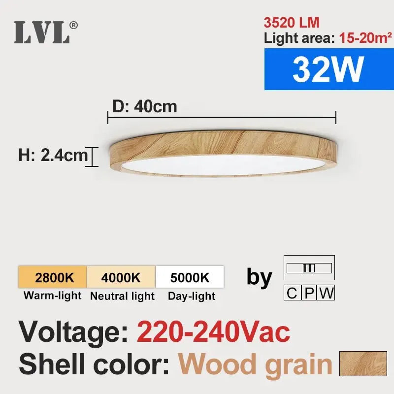 Lámpara de techo LED LVL con acabado de madera y blanco, 3 colores de iluminación en 1. Iluminación para el hogar: cocina, dormitorio y baño. Lámpara de techo redonda empotrada.