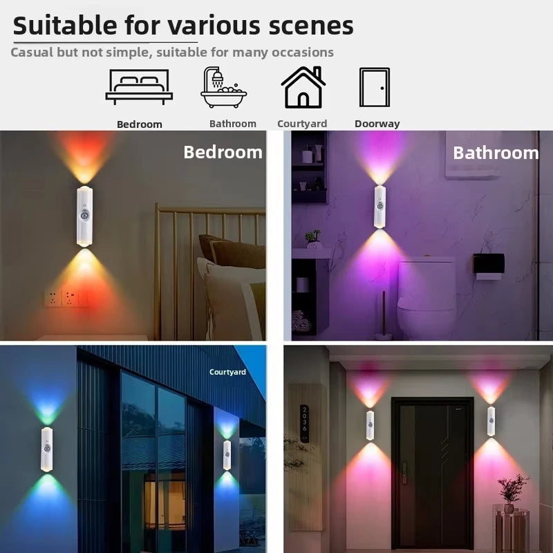Aplique inteligente RGB de doble cabezal con sensor de movimiento, luz nocturna magnética y foco recargable para la decoración del dormitorio, el armario, el jardín y otras estancias