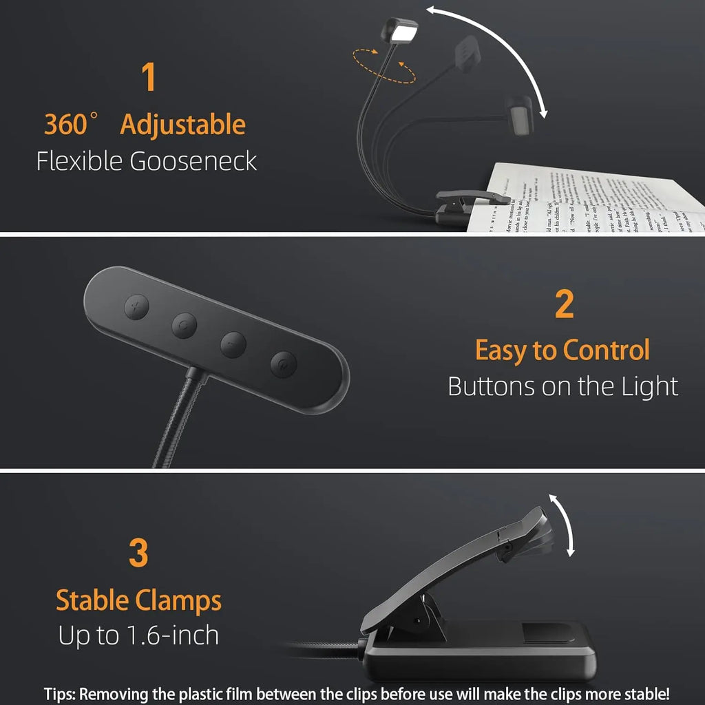 Lámpara de lectura de 14 LED, recargable por USB, luz blanca cálida y fría, luz diurna, portátil, flexible, con clip fácil de colocar, lámpara de lectura nocturna