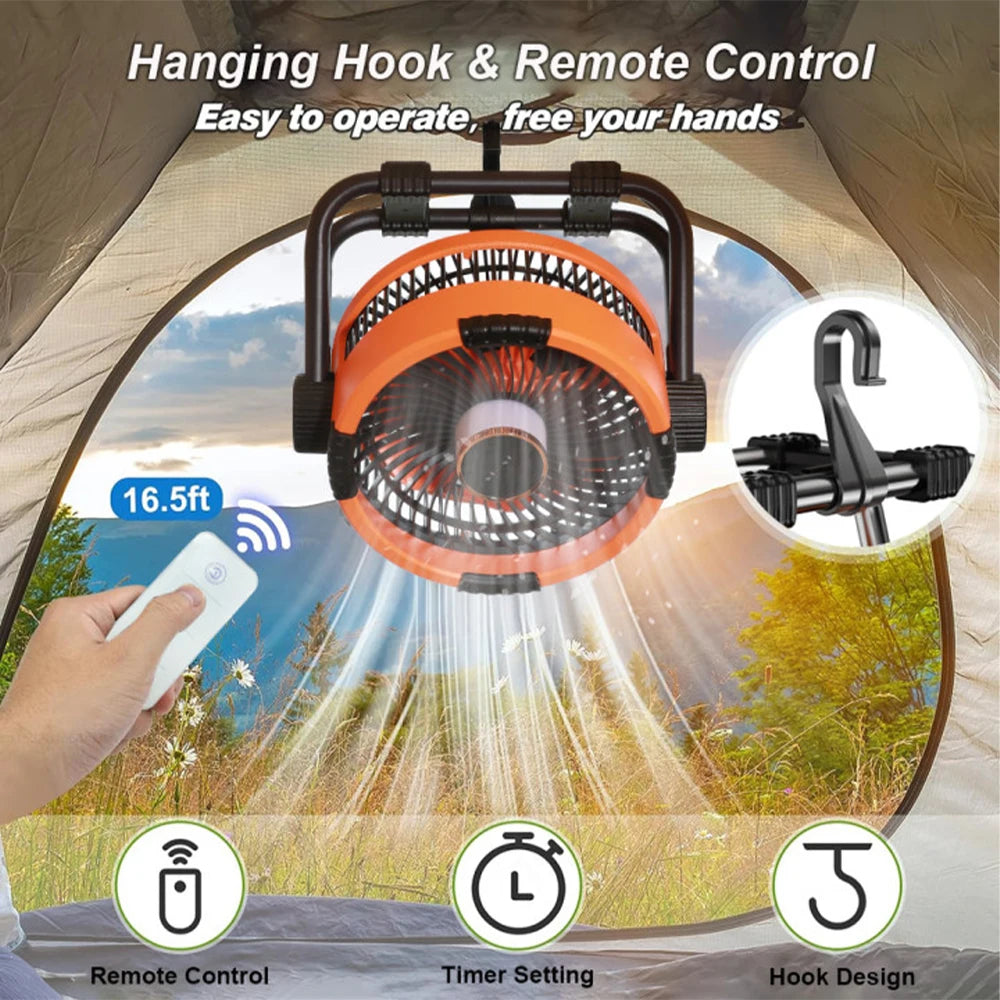 Raugee: Ventilador de techo para acampada, ventilador USB recargable de 20 000 mAh con batería externa y luz LED, con gancho.