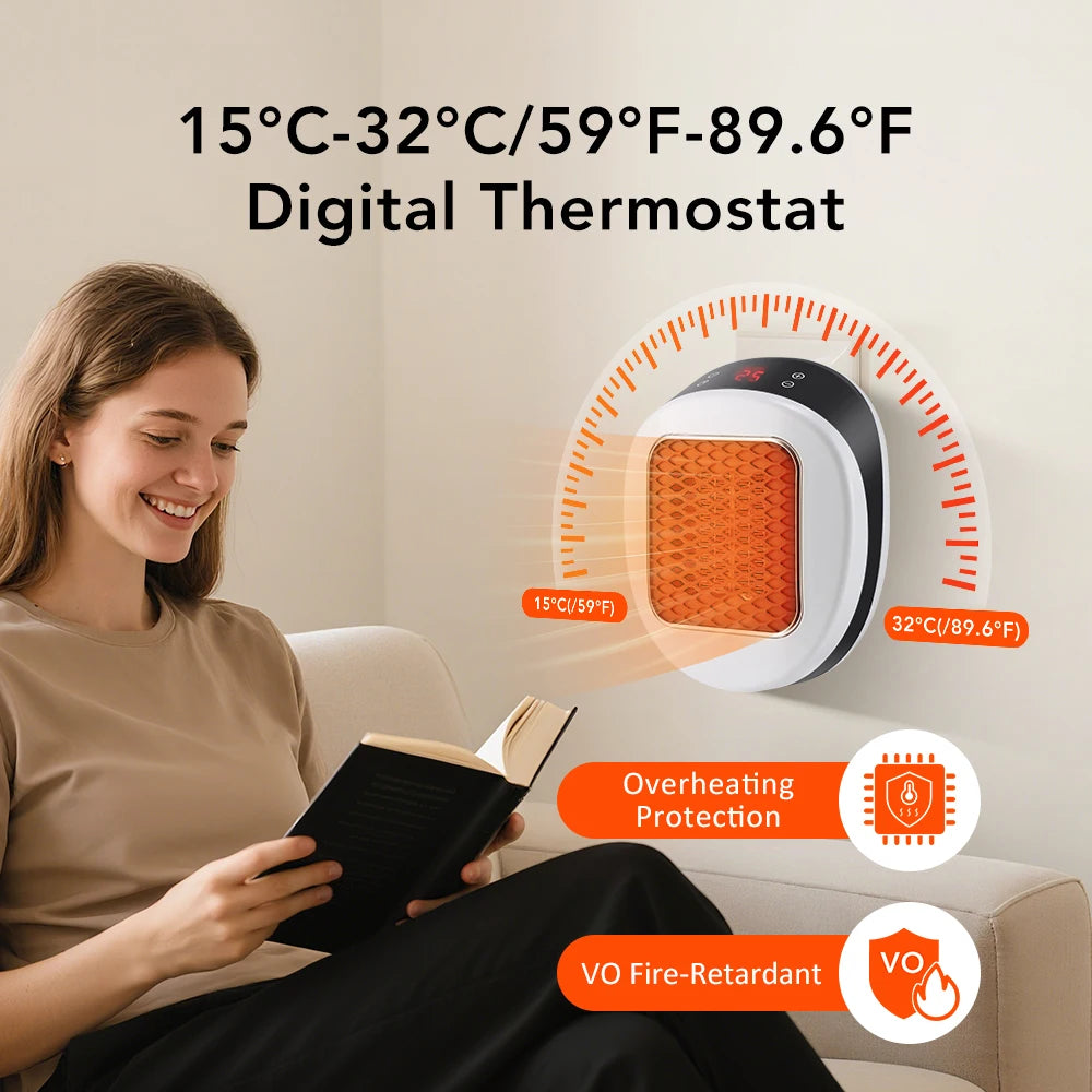 Calefactor Eléctrico de Pared 600W con Mando a Distancia - Mini Calefactor Enchufable de Calentamiento Rápido, Calentador Corporal de Invierno para Hogar y Oficina