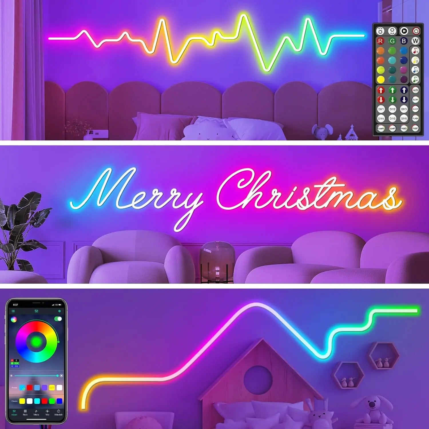 Luces de neón en forma de cuerda, luces LED flexibles en forma de cuerda con control mediante aplicación o mando a distancia, luces en forma de cuerda con múltiples modos, luces LED RGB de neón para exteriores con protección IP65 Wa