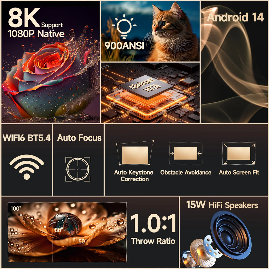 Magcubic: con enfoque automático, Android 14, 4K, 900 ANSI, 8K nativo, 1080p, con Wi-Fi 6, Bluetooth 5.4, 16 GB.