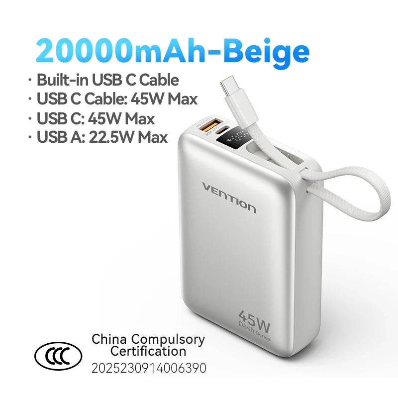 Vention CCC de 45 W y 20 000 mAh con carga rápida.