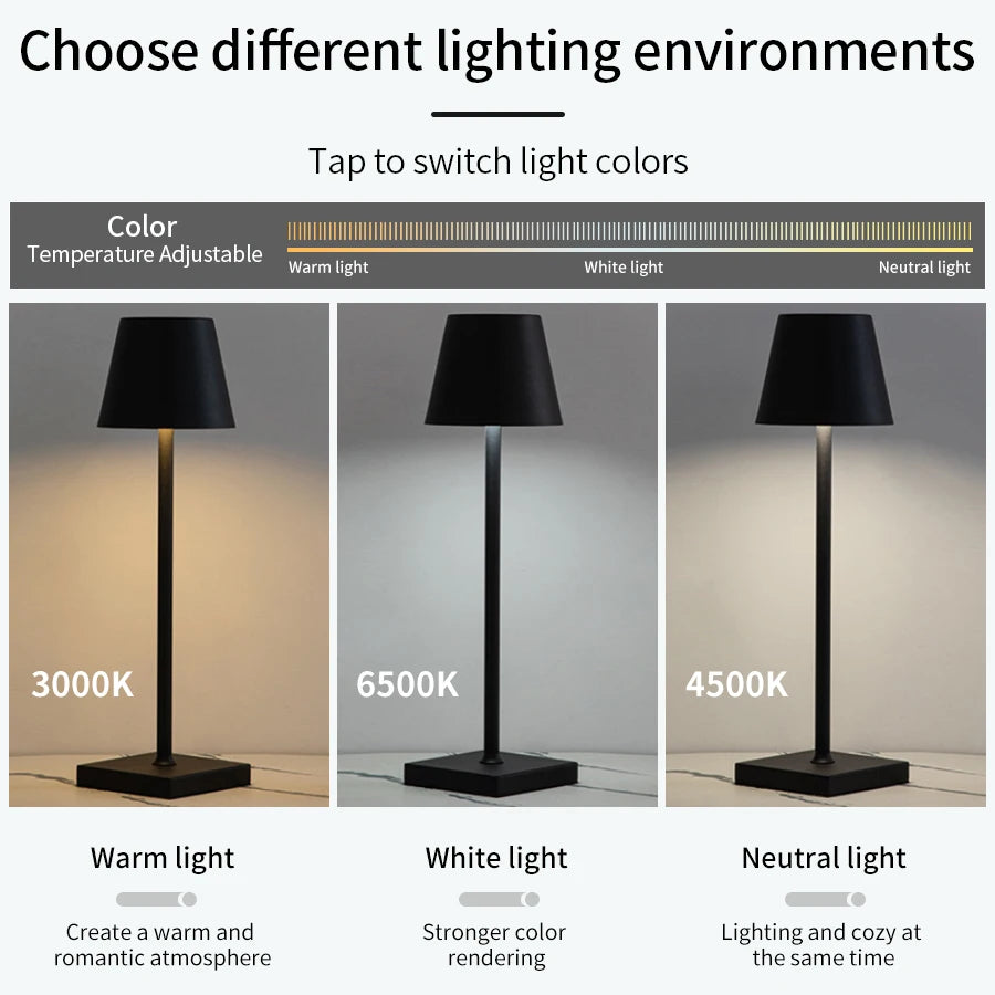 Lámpara de mesa LED recargable con interruptor táctil, 3 niveles de intensidad regulable. Iluminación ambiental creativa y decorativa para escritorios, bares y cenas.
