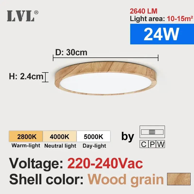 Lámpara de techo LED LVL con acabado de madera y blanco, 3 colores de iluminación en 1. Iluminación para el hogar: cocina, dormitorio y baño. Lámpara de techo redonda empotrada.
