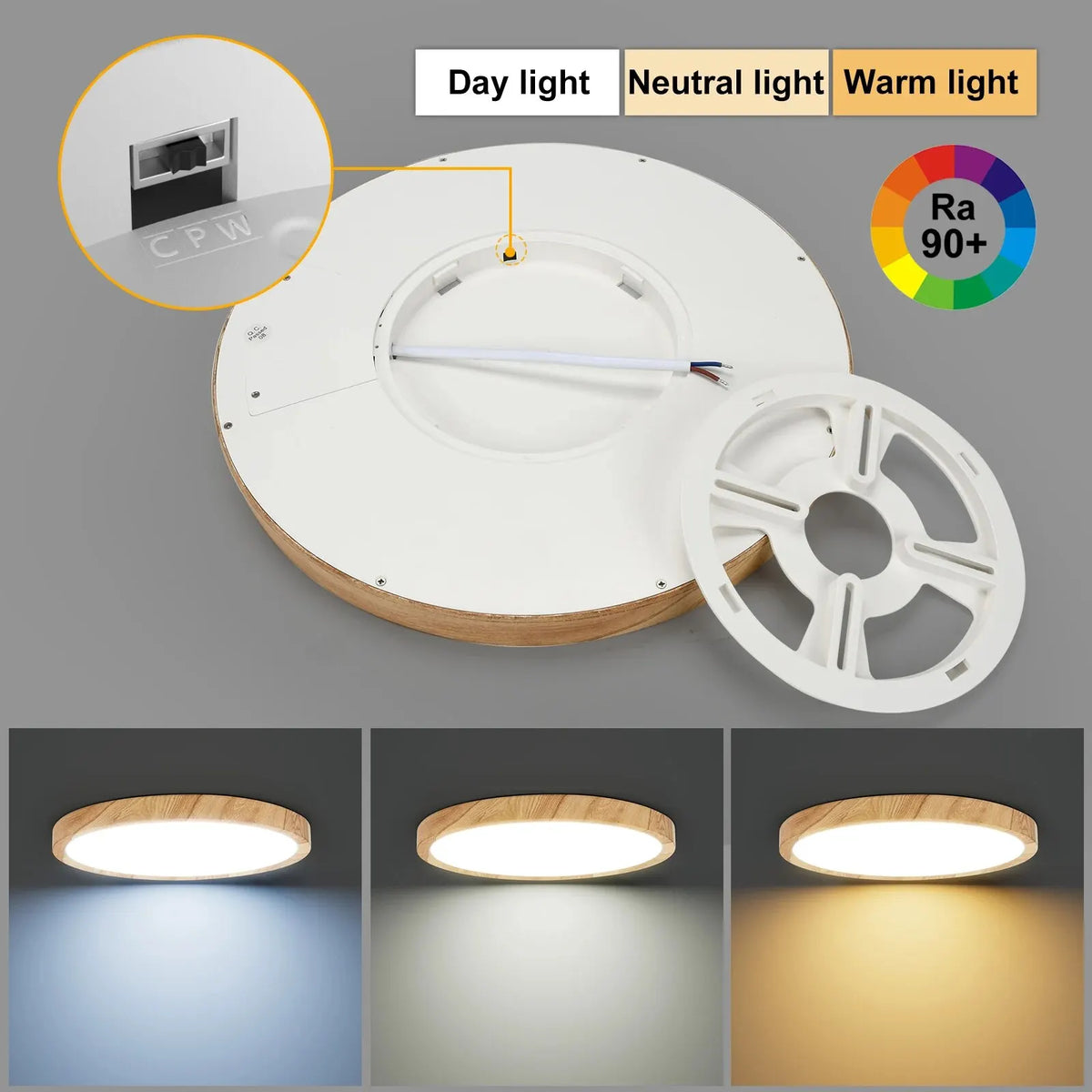 Lámpara de techo LED LVL con acabado de madera y blanco, 3 colores de iluminación en 1. Iluminación para el hogar: cocina, dormitorio y baño. Lámpara de techo redonda empotrada.