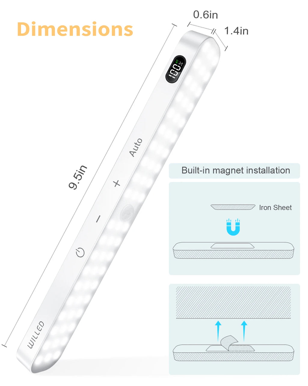 WILLED  Luz para armario con sensor de movimiento, pantalla de batería, barra luminosa táctil de 60 LED, luz nocturna inalámbrica recargable