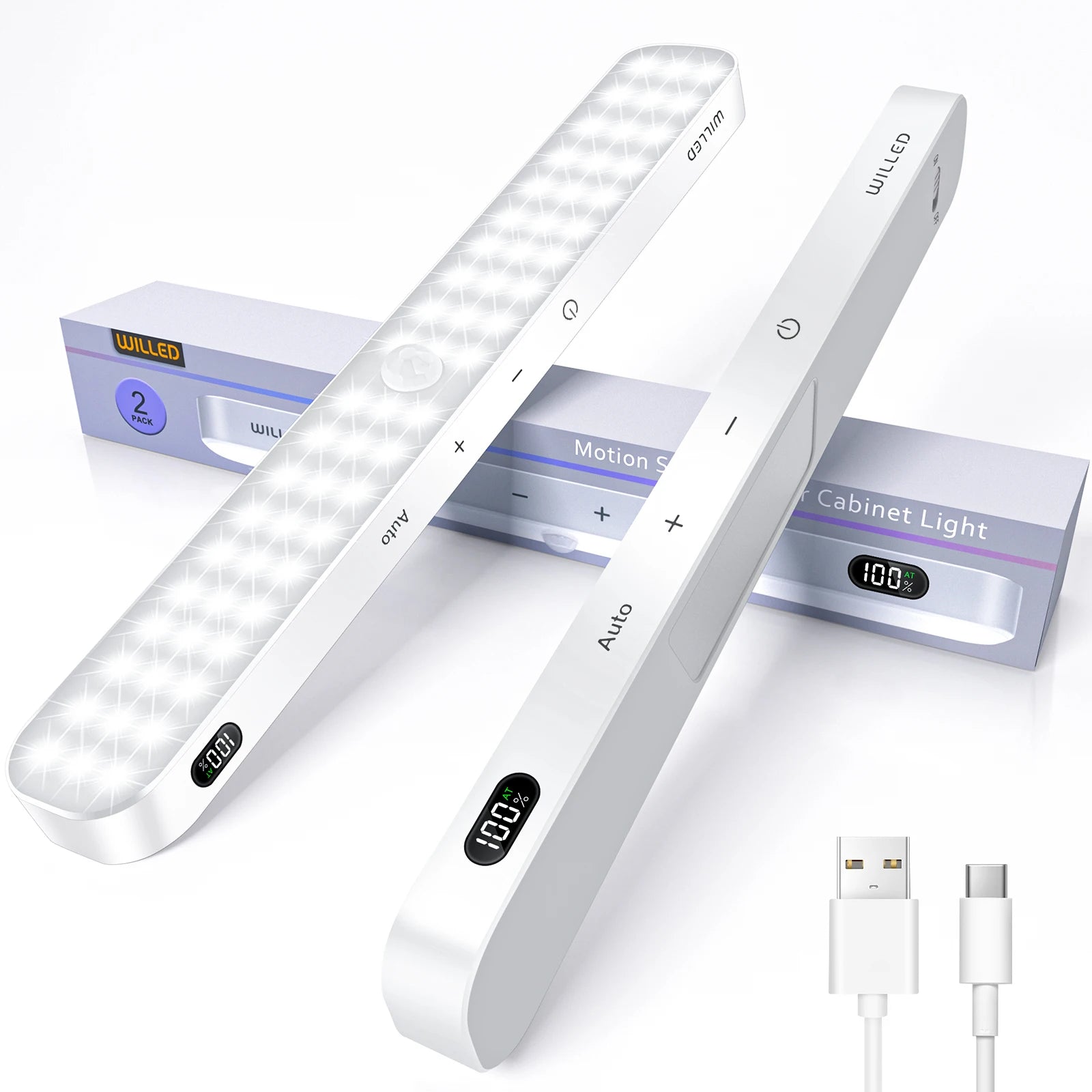 WILLED  Luz para armario con sensor de movimiento, pantalla de batería, barra luminosa táctil de 60 LED, luz nocturna inalámbrica recargable
