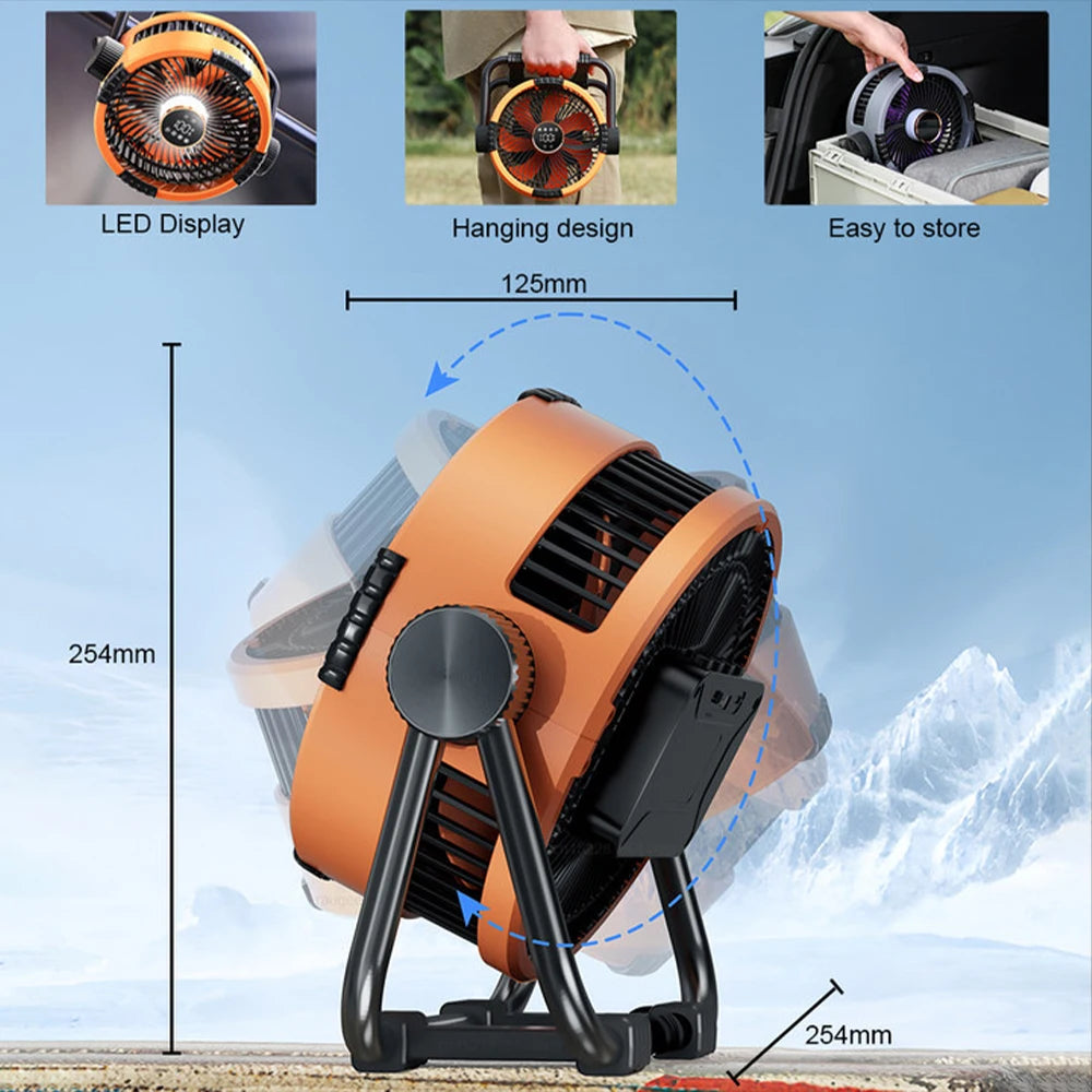 Raugee: Ventilador de techo para acampada, ventilador USB recargable de 20 000 mAh con batería externa y luz LED, con gancho.