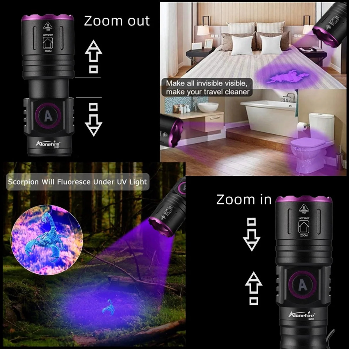 Alonefire: Linterna LED UV Zoom 365 395 nm, luz fluorescente