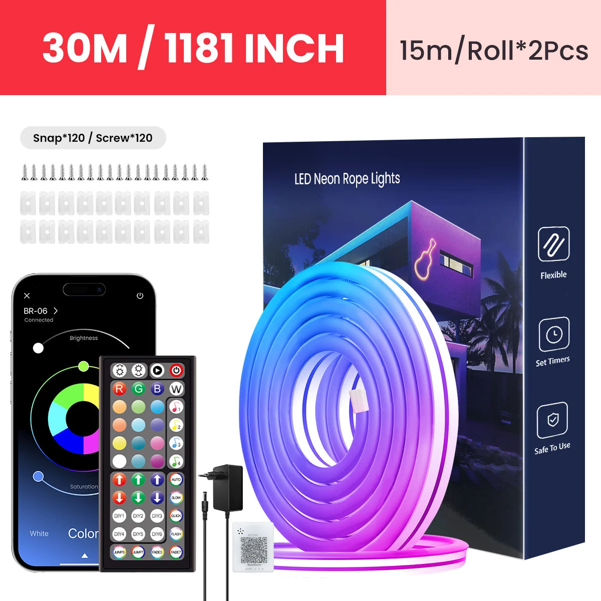 Luces de neón en forma de cuerda, luces LED flexibles en forma de cuerda con control mediante aplicación o mando a distancia, luces en forma de cuerda con múltiples modos, luces LED RGB de neón para exteriores con protección IP65 Wa