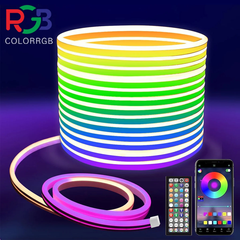 Luces de neón en forma de cuerda, luces LED flexibles en forma de cuerda con control mediante aplicación o mando a distancia, luces en forma de cuerda con múltiples modos, luces LED RGB de neón para exteriores con protección IP65 Wa