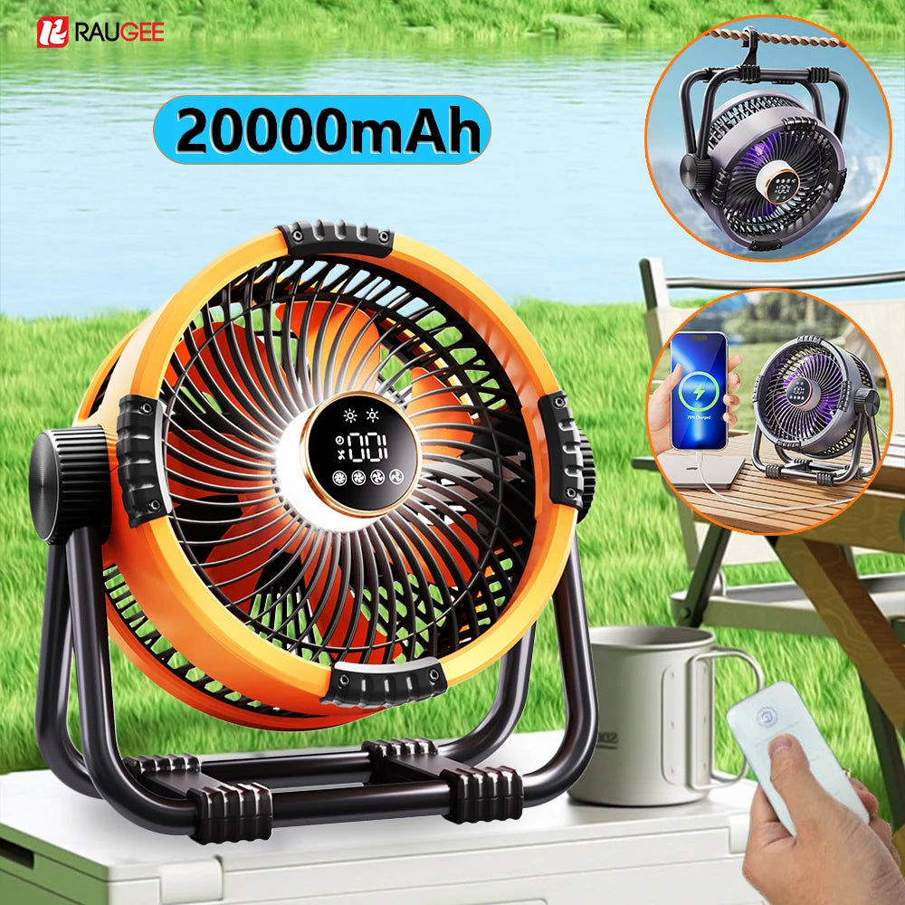 Raugee: Ventilador de techo para acampada, ventilador USB recargable de 20 000 mAh con batería externa y luz LED, con gancho.