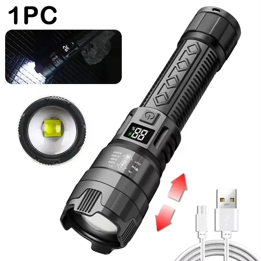 linterna táctica de 300 000 lm con pantalla, carga USB y con función de zoom
