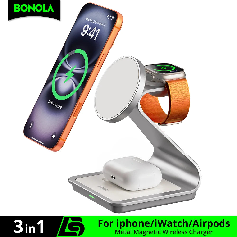 Bonola: Cargador inalámbrico magnético 3 en 1 para iPhone 17/16/15/13/14/12. Estación de carga inalámbrica de 30 W para Apple Watch y AirPods Pro