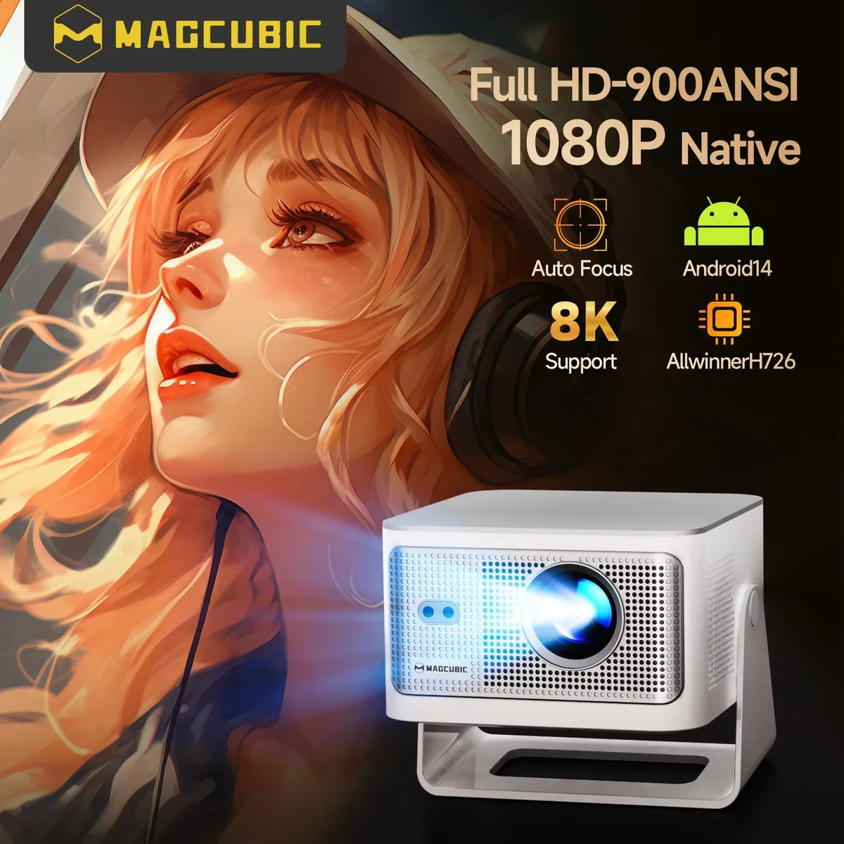 Magcubic: con enfoque automático, Android 14, 4K, 900 ANSI, 8K nativo, 1080p, con Wi-Fi 6, Bluetooth 5.4, 16 GB.