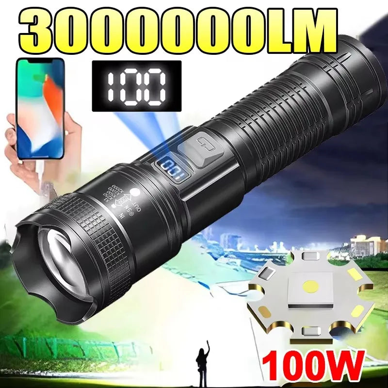 linterna táctica de 300 000 lm con pantalla, carga USB y con función de zoom