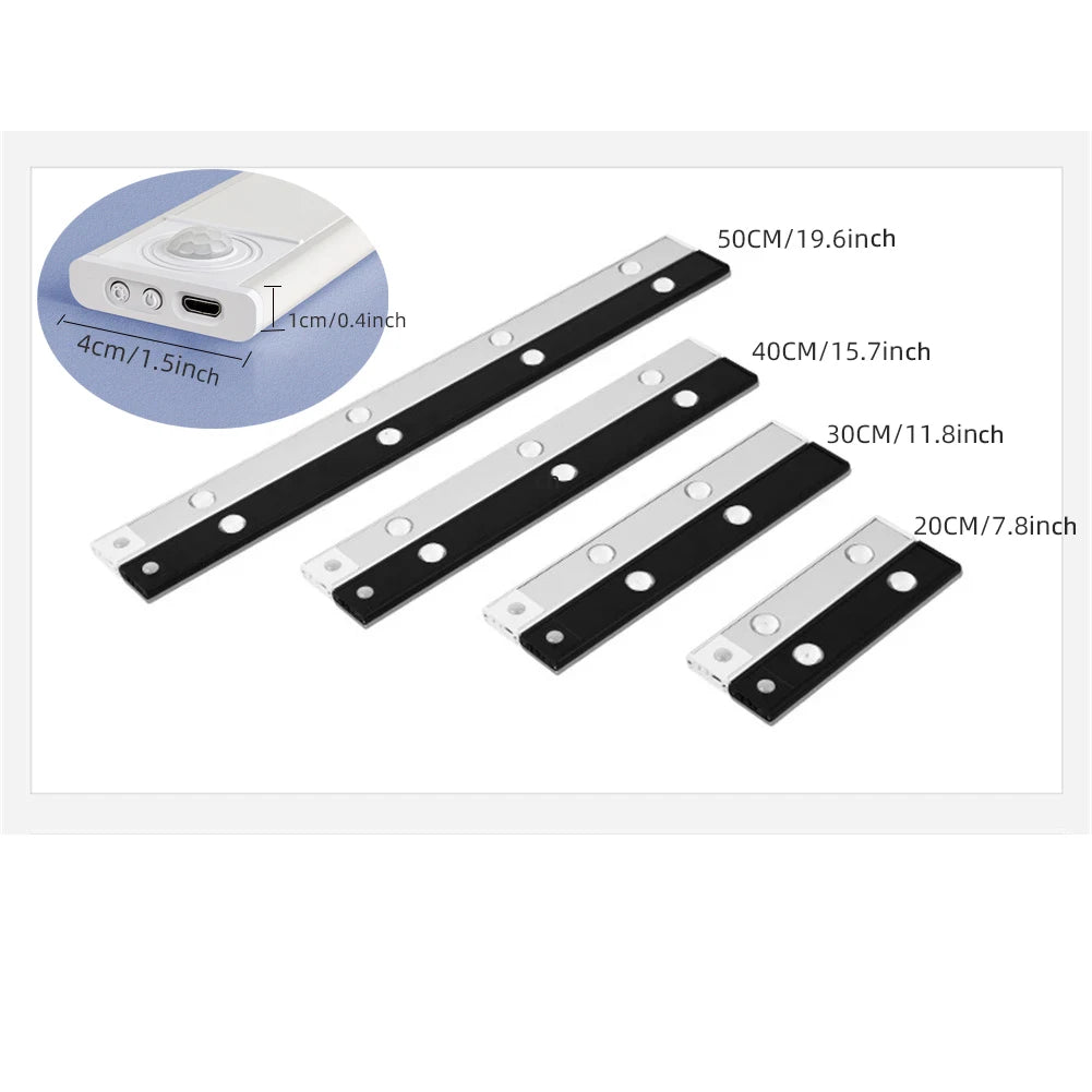 Luz LED para armarios, blanca/negra, recargable por USB, con sensor de movimiento, para la iluminación de armarios de cocina y roperos, 20 cm/30 cm/40 cm/50 cm