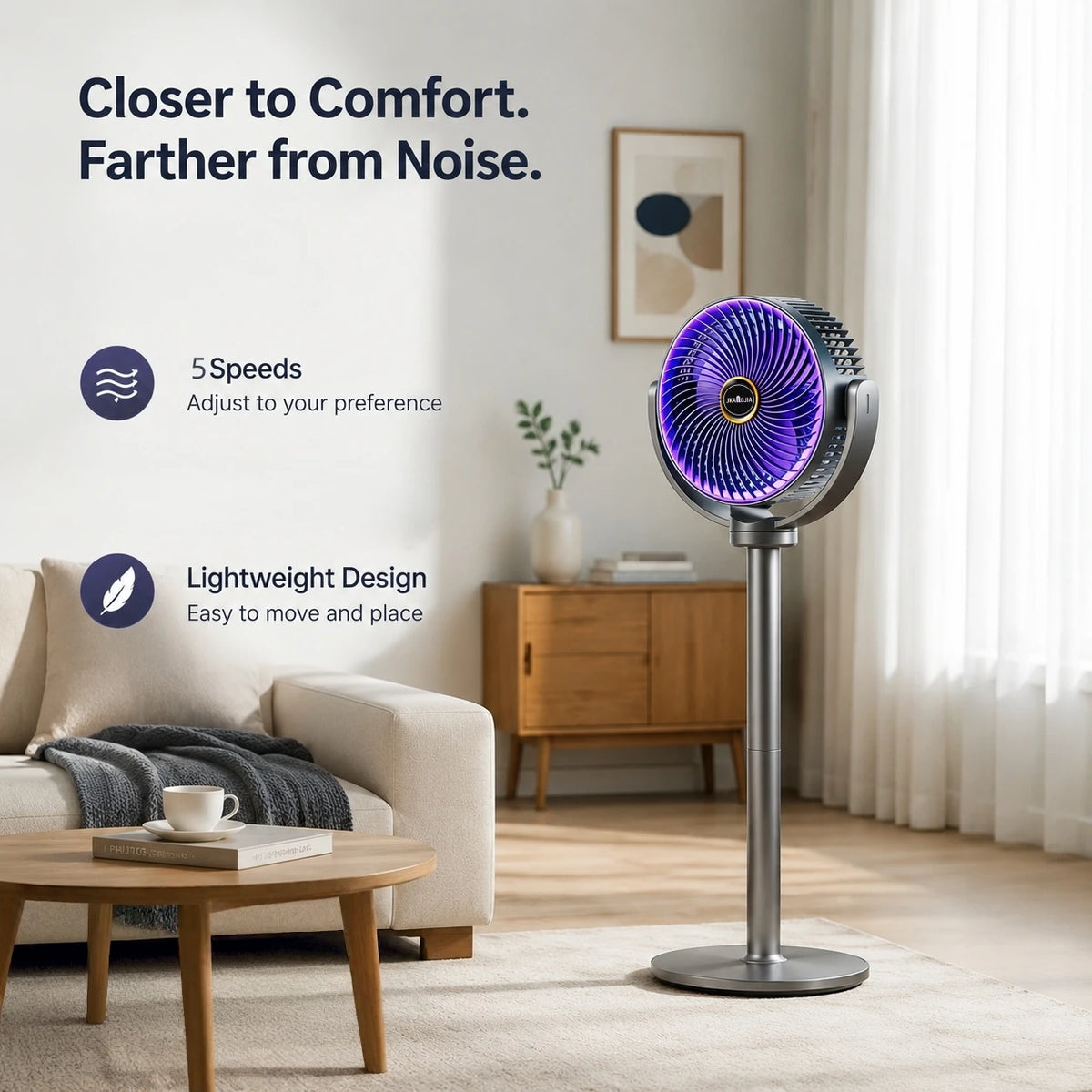 GSNOMLY: Ventilador circulador de aire moderno 3 en 1, 5 velocidades, 4 alturas, silencioso, portátil, con base de pedestal y conexión USB.