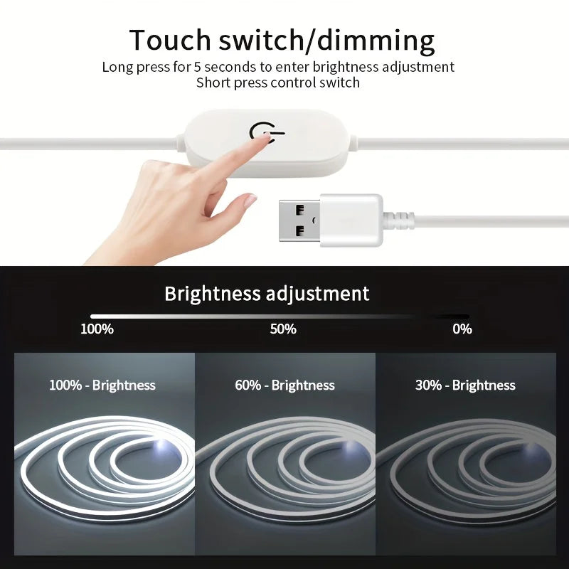 Tira de luces LED de neón, alimentación USB de 5 V CC, regulable, con interruptor táctil, cinta flexible de silicona para letreros de neón, resistente al agua, ideal para la decoración de espacios exteriores