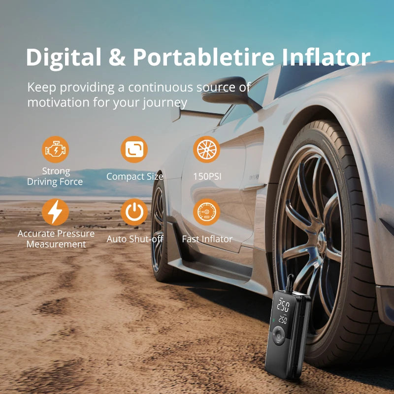 Inflador de neumáticos recargable CARSUN — Compresor de aire portátil, inalámbrico y digital.