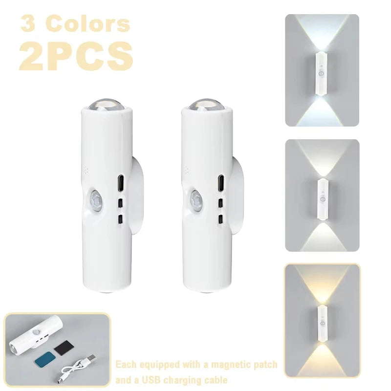 Aplique inteligente RGB de doble cabezal con sensor de movimiento, luz nocturna magnética y foco recargable para la decoración del dormitorio, el armario, el jardín y otras estancias