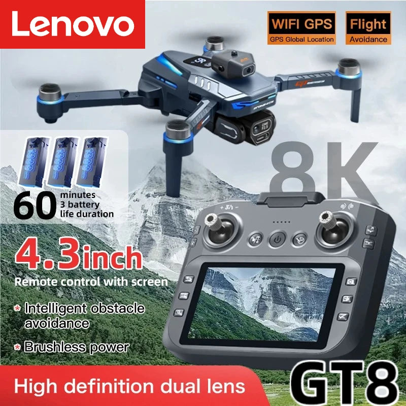 Lenovo GT8: Dron profesional 8K con doble cámara, GPS, FPV, motor sin escobillas, flujo óptico, función de vuelo estacionario y cuadricóptero plegable.