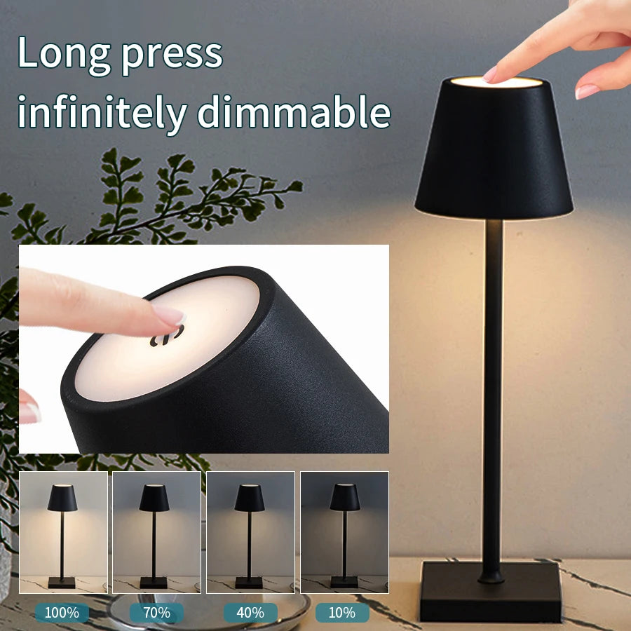 Lámpara de mesa LED recargable con interruptor táctil, 3 niveles de intensidad regulable. Iluminación ambiental creativa y decorativa para escritorios, bares y cenas.