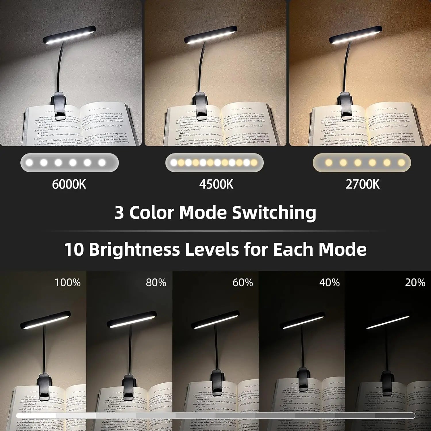 Lámpara de lectura de 14 LED, recargable por USB, luz blanca cálida y fría, luz diurna, portátil, flexible, con clip fácil de colocar, lámpara de lectura nocturna
