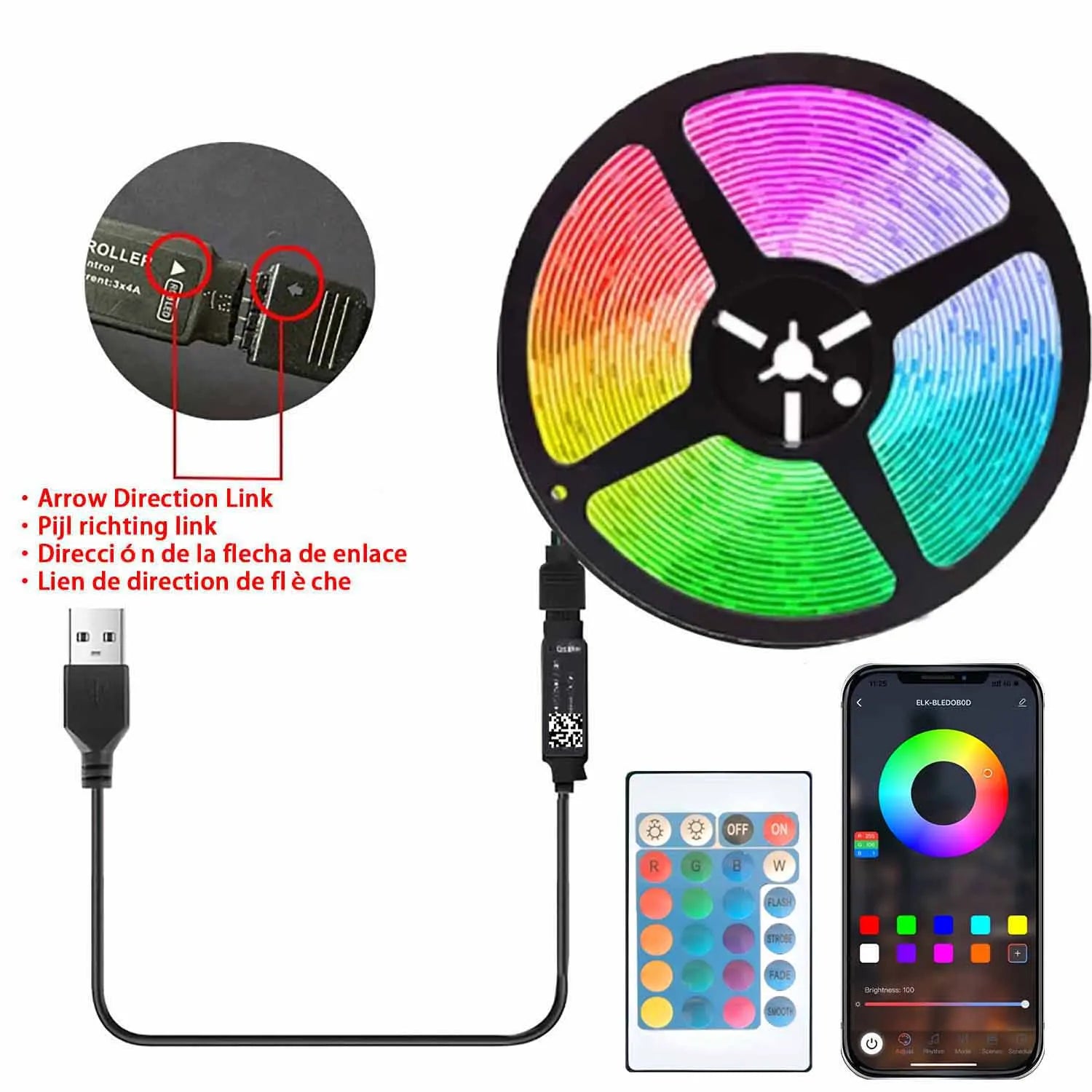 Barra de luz LED de 5 m con conector USB, 24 teclas, LED 5050 RGB multicolor, para fondo de TV, sala de juegos, decoración de fiestas familiares y luz nocturna