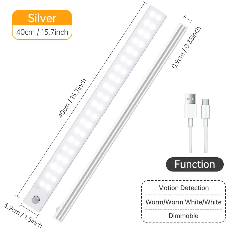 Luz con sensor de movimiento, luz nocturna LED inalámbrica, lámpara nocturna recargable por USB, lámpara para armarios y vestidores, luz de fondo para cocina, LED