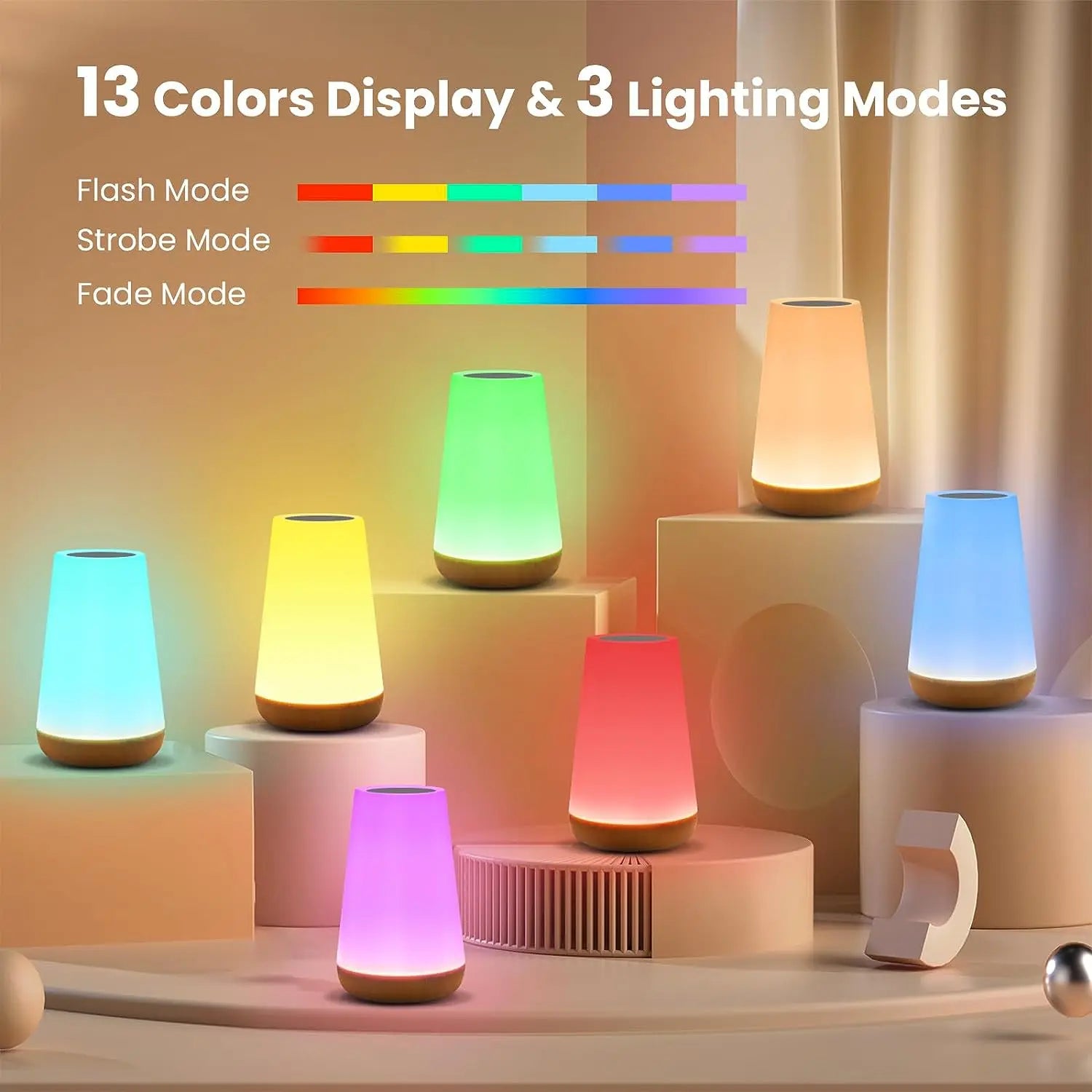 Lámpara nocturna de 13 colores que cambian, con mando a distancia, control táctil, recargable por USB, RGB, intensidad regulable, portátil, de mesa y de mesita de noche