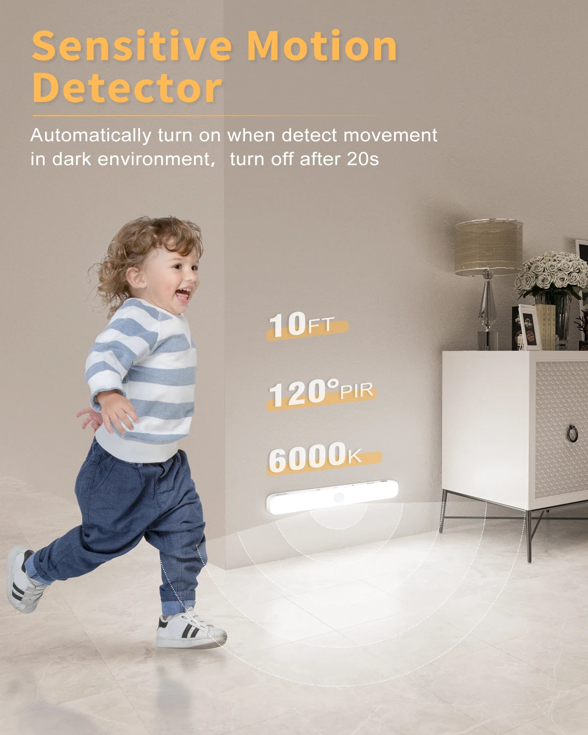 WILLED  Luz para armario con sensor de movimiento, pantalla de batería, barra luminosa táctil de 60 LED, luz nocturna inalámbrica recargable
