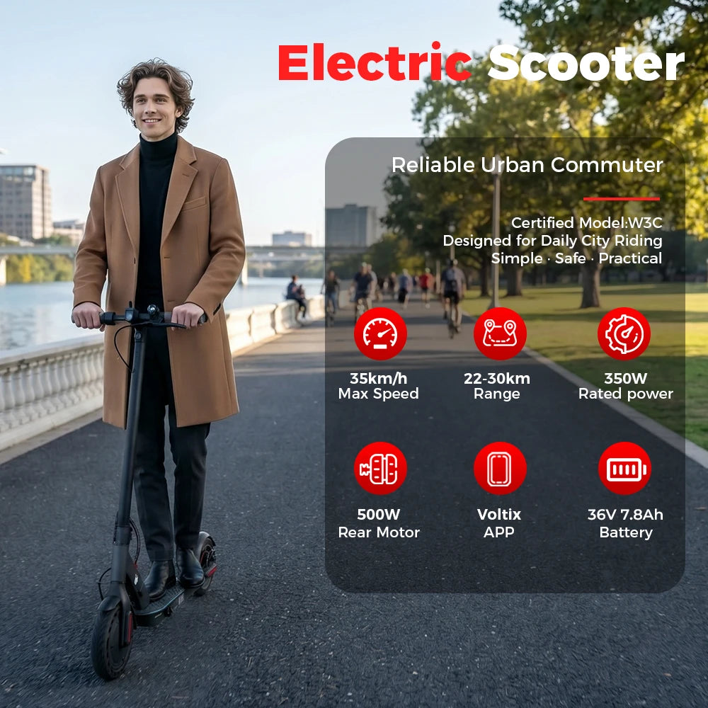 iScooter W3C de 8,5 pulgadas, con batería de 36 V y una autonomía de 22–30 km, tracción trasera, neumáticos de aire y freno eléctrico trasero integrado en el buje.