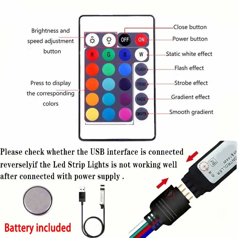 Barra de luz LED de 5 m con conector USB, 24 teclas, LED 5050 RGB multicolor, para fondo de TV, sala de juegos, decoración de fiestas familiares y luz nocturna