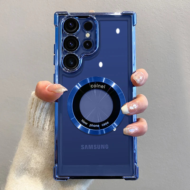 Funda de carga inalámbrica magnética con acabado de lujo para Samsung S26, S25, S24 Ultra, S23 FE, S22 Plus y Note 20. Funda protectora transparente para la cámara.
