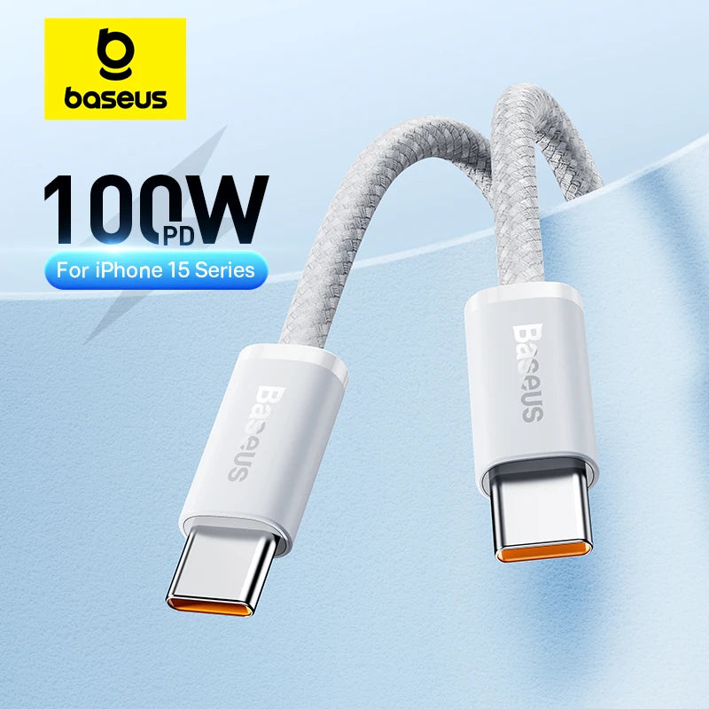 Cable Baseus de 100 W de tipo C a USB-C para iPhone 16 y 15; cable de carga rápida para MacBook, iPad, Samsung y Xiaomi; cable USB-C de alta velocidad