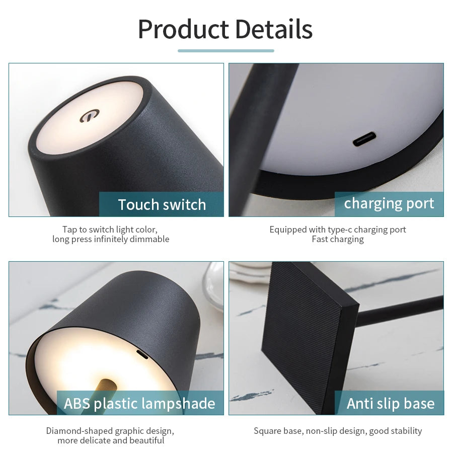 Lámpara de mesa LED recargable con interruptor táctil, 3 niveles de intensidad regulable. Iluminación ambiental creativa y decorativa para escritorios, bares y cenas.