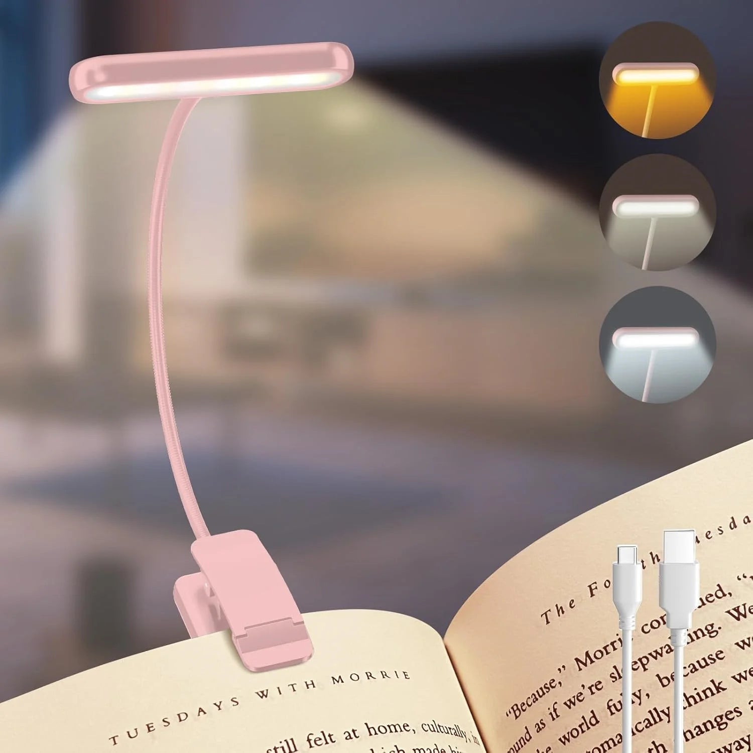 Lámpara de lectura de 14 LED, recargable por USB, luz blanca cálida y fría, luz diurna, portátil, flexible, con clip fácil de colocar, lámpara de lectura nocturna