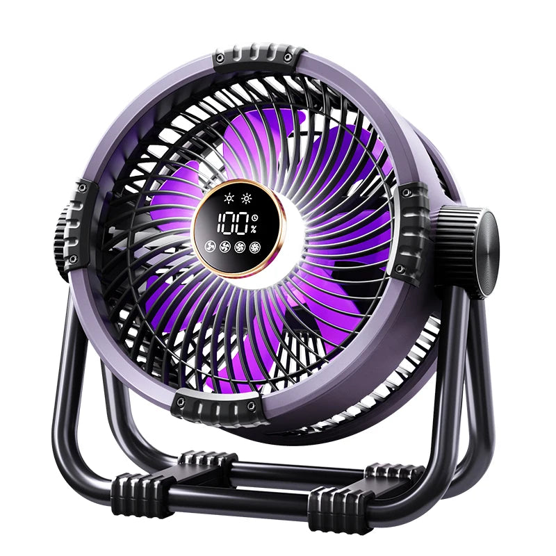 Raugee: Ventilador de techo para acampada, ventilador USB recargable de 20 000 mAh con batería externa y luz LED, con gancho.