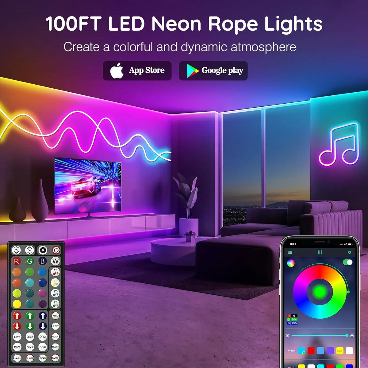 Luces de neón en forma de cuerda, luces LED flexibles en forma de cuerda con control mediante aplicación o mando a distancia, luces en forma de cuerda con múltiples modos, luces LED RGB de neón para exteriores con protección IP65 Wa