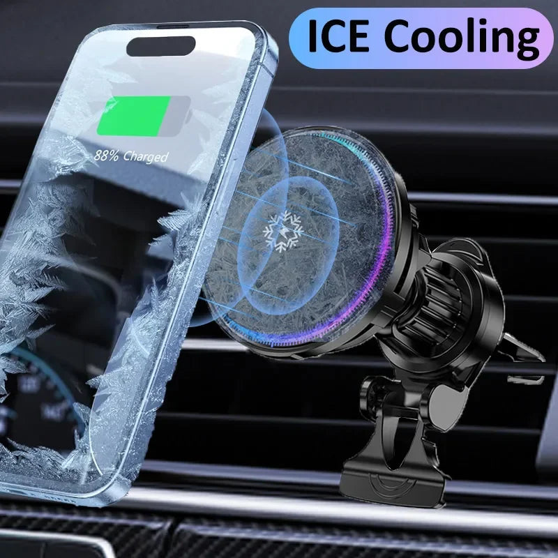 VIKEFON: Cargador magnético inalámbrico para coche con refrigeración por hielo y estación de carga rápida para iPhone 17, 16, 15, 14, 13 Pro Max; soporte para móvil en el coche con MagSaf