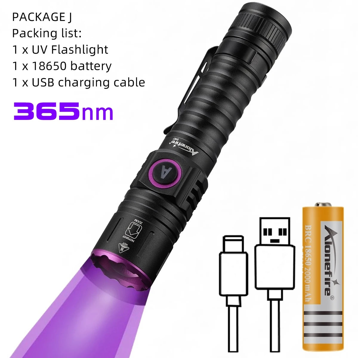 Alonefire: Linterna LED UV Zoom 365 395 nm, luz fluorescente