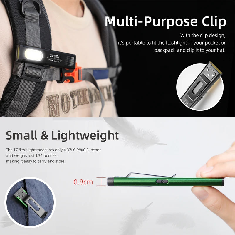 WARSUN T7: 800 lm, recargable, con base magnética y clip.