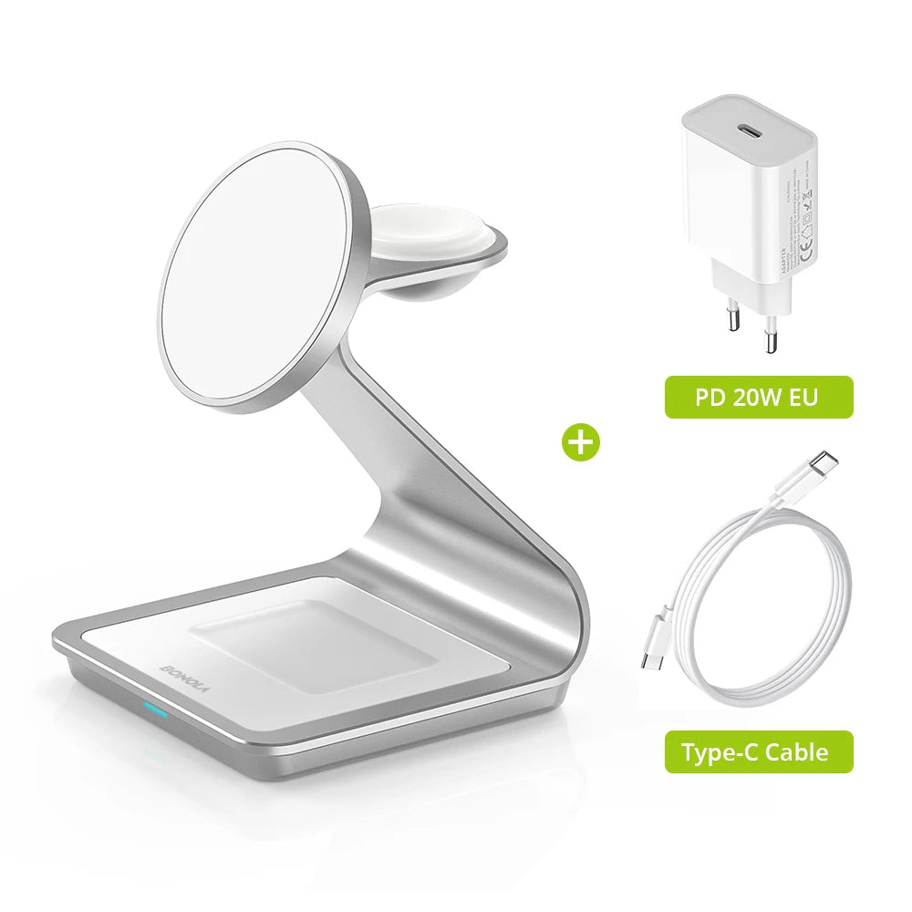 Bonola: Cargador inalámbrico magnético 3 en 1 para iPhone 17/16/15/13/14/12. Estación de carga inalámbrica de 30 W para Apple Watch y AirPods Pro